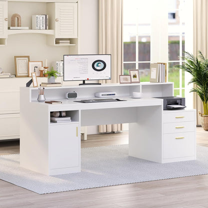 Computer Desk with 3 Drawer & Storage Shelves, Home Office Desk with File Drawer & Cabinet, Writing Study Table with Long Monitor Stand & Printer Shelf, Executive Desk, White
