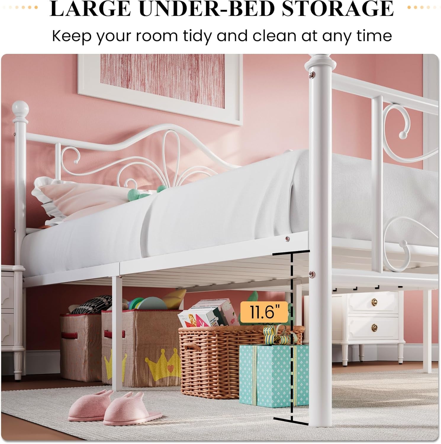 Twin Size Bed Frame for Kids,Metal Bed Frame with Butterfly Pattern Design Headboard & Footboard,No Box Spring Needed,Easy Assembly,White