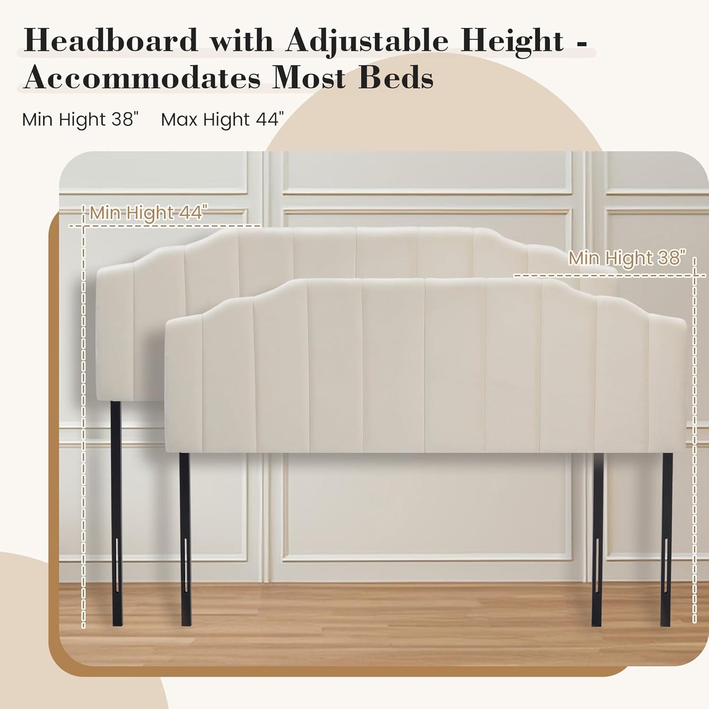 Upholstered Headboard Adjustable Height Queen/King Headboard Cream Velvet Tufted Modern Vertical Channel Design with Stepped Silhouette Top Edge(Beige Queen)
