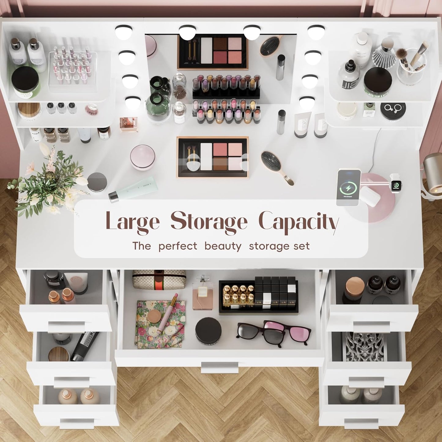 Vanity Desk with Mirror, Power Outlet and 10 Lights, Makeup Table with 7 Drawers, 3 Color Modes Available for Bedroom, Light White