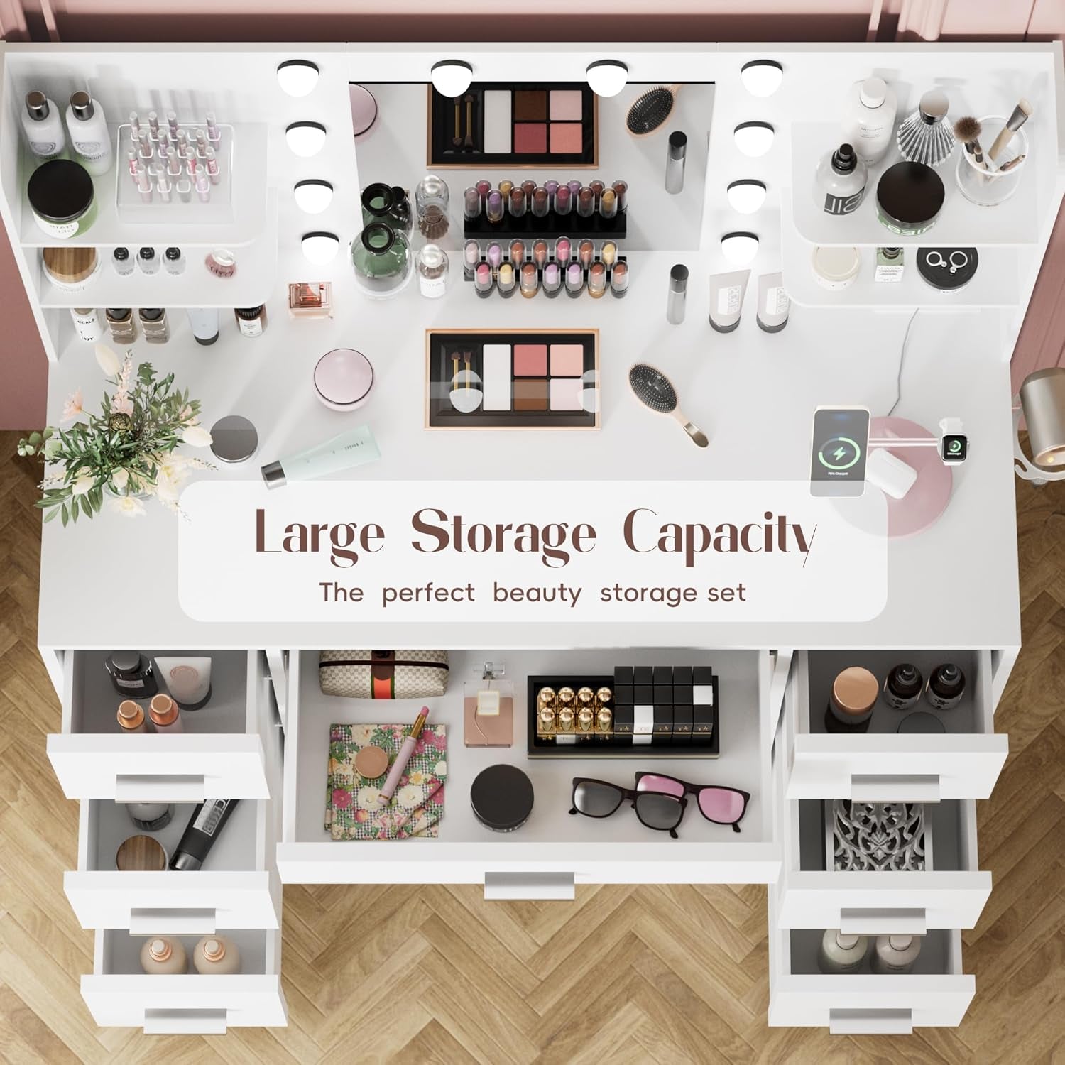Vanity Desk with Mirror, Power Outlet and 10 Lights, Makeup Table with 7 Drawers, 3 Color Modes Available for Bedroom, Light White