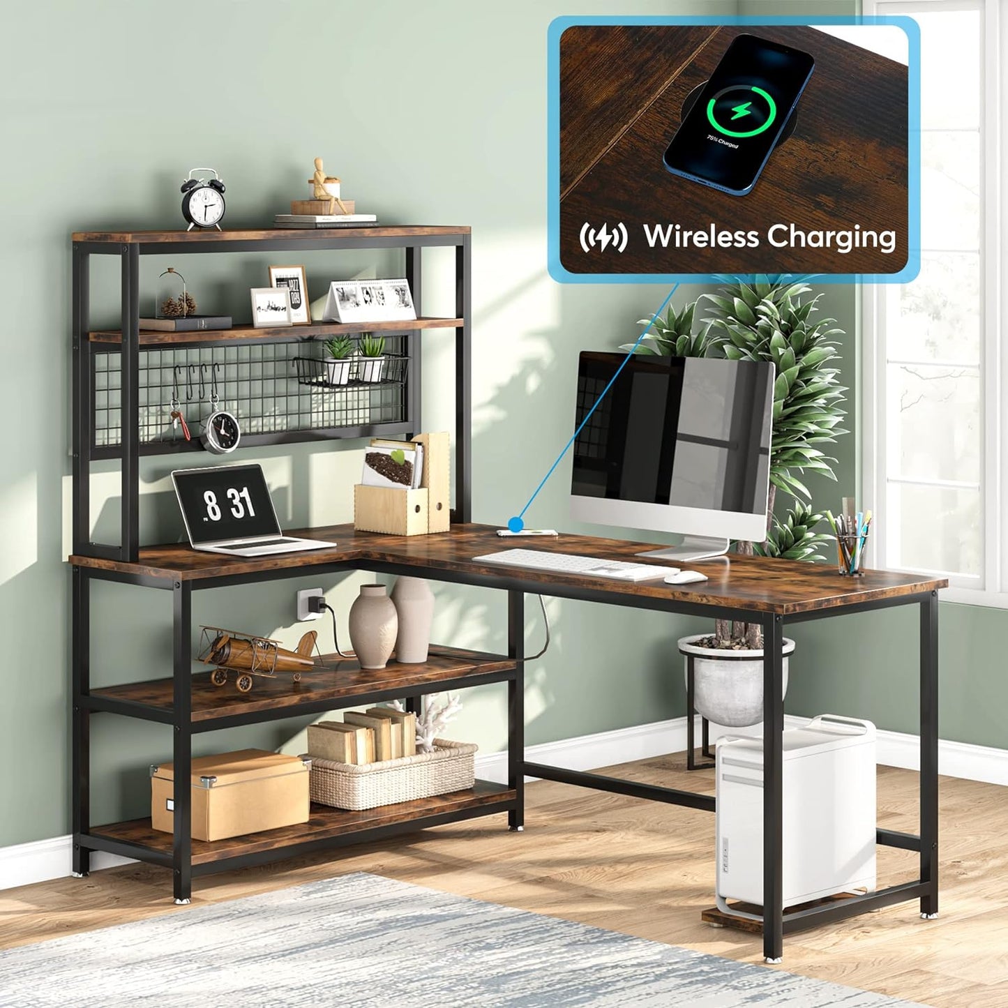 55" L-Shape Computer Desk with Hutch and Wireless Charging, Office Desk Study Table Writing Desk Workstation with 5 Shelves and Movable CPU Stand for Home Office (Brown)