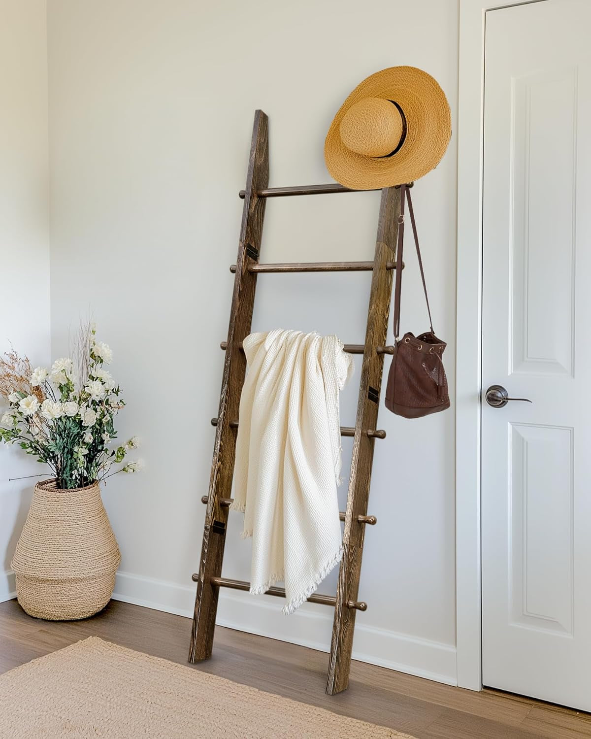 6-Tier Blanket Ladder with Hanging Knobs,5.5 Ft Wall Leaning Blanket Ladders for Living Room Bedroom,Rustic Decorative Storage for Quilts,Throws,Easy to Assemble,Rustic Brown