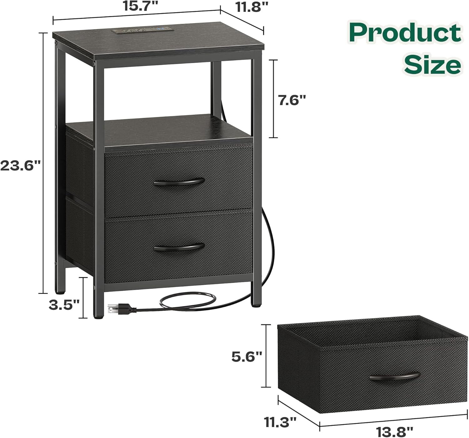 Night Stand with Charger Station and LED Lights, 2 Drawer Nightstand, Bed Side Table with Open Shelf, End Table, Fabric Dresser for Bedroom, Black