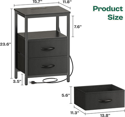 Night Stand with Charger Station and LED Lights, 2 Drawer Nightstand, Bed Side Table with Open Shelf, End Table, Fabric Dresser for Bedroom, Black