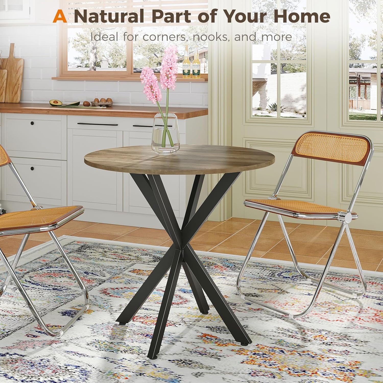 31.5" Small round Dining Table for 2-4, Space Saving Circle Kitchen Dinner Table, Industrial Mid Century Modern Dining Room Desk for Kitchen, Apartment, Natural Oak