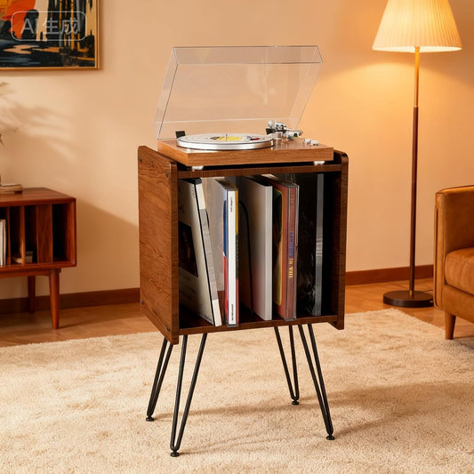 Record Player Stand with Vinyl Storage – Compact 12×15In Turntable Tabletop, 27In Tall Mid Century Modern Record Player Cabinet for Small Spaces