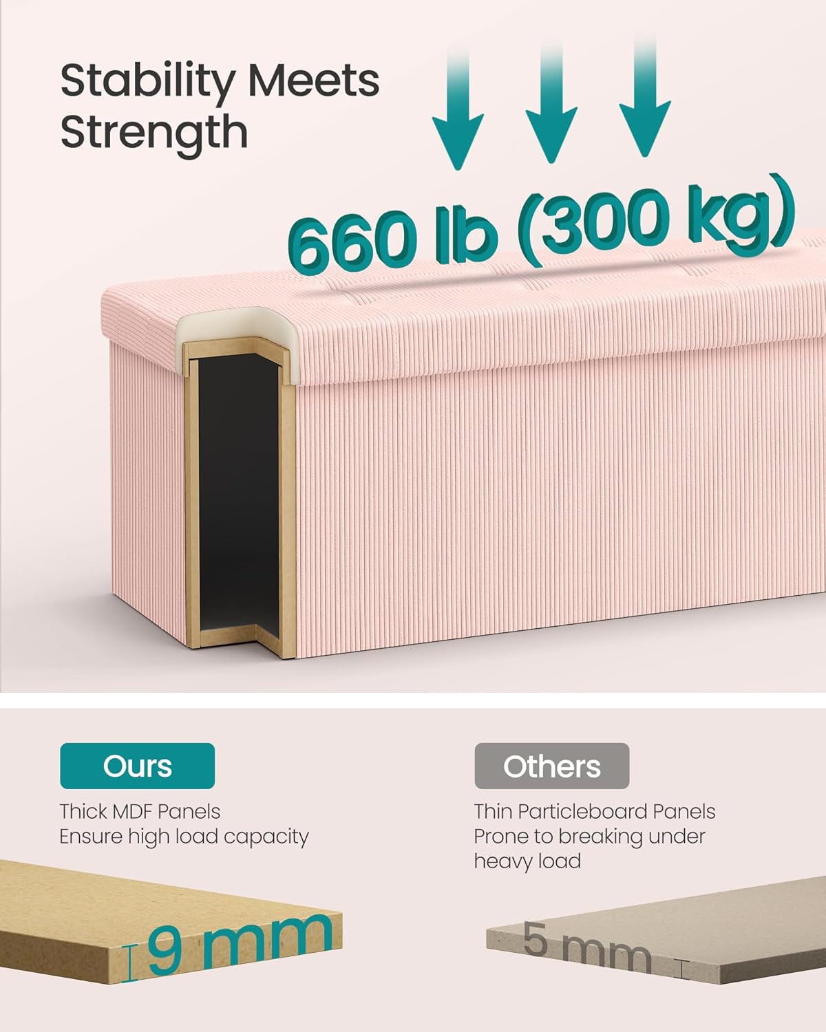 MAZIE Collection - Storage Ottoman Bench, Foldable Foot Rest, 15 X 43 X 15 Inches, End of Bed Bench, Storage Chest, Load 660 Lb, Living Room, Bedroom, Entryway, Jelly Pink ULSF604R01