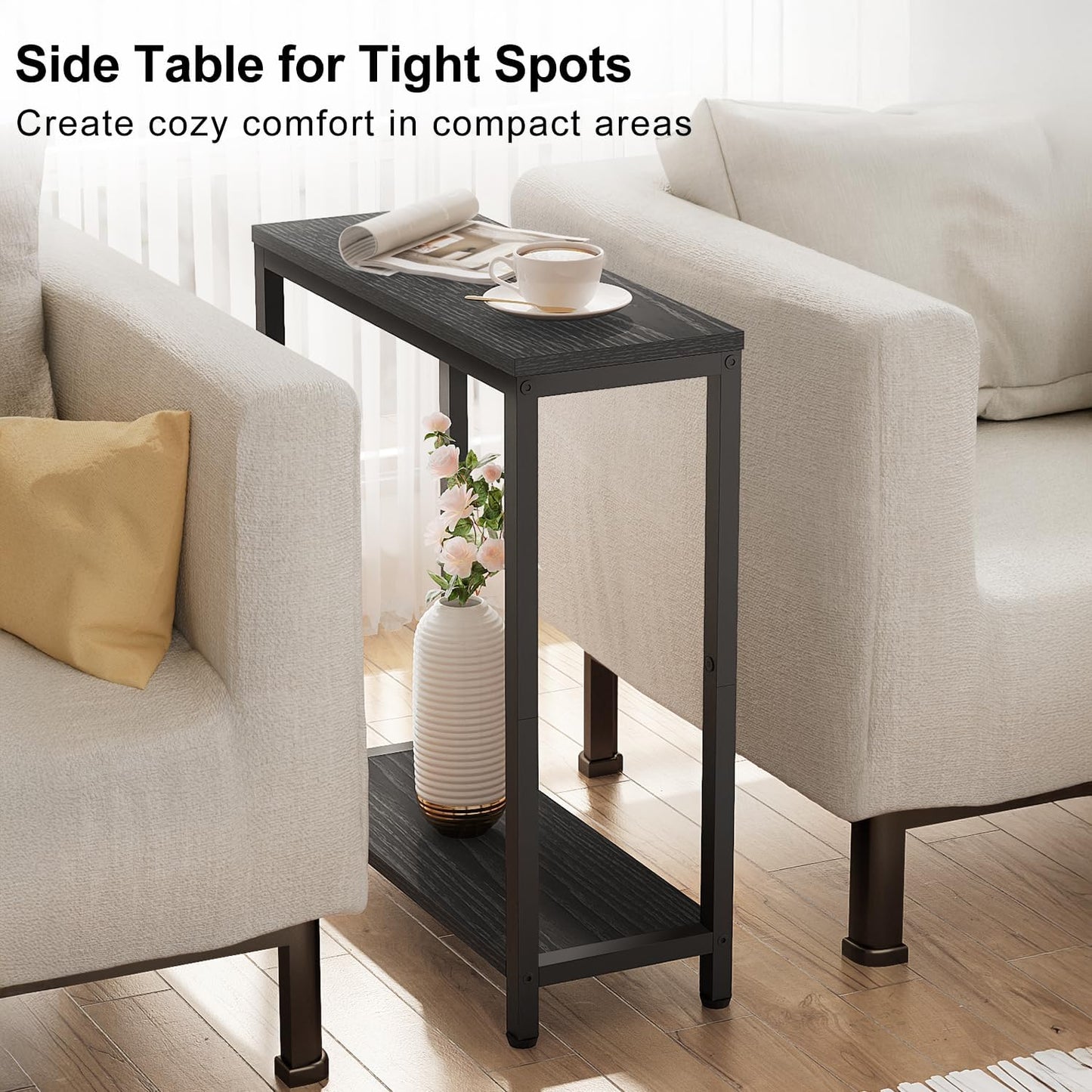 8.6” Narrow Small Side Table for Small Spaces, 2 Tier Skinny Couch End Tables Living Room, Slim Nightstand for Bedroom Bedside, Brown