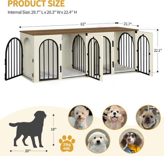 63" Dog Crate Furniture for 2 Dogs, Heavy Duty Indoor Dog Kennel TV Stand, L Wooden Dog Cage with Divider for Medium Large Dogs, End Table Dog Crate with Cushion, White Brown DFC80914BV1