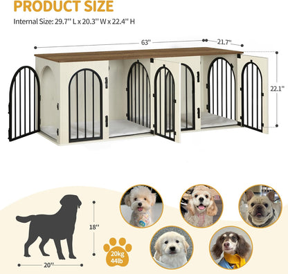 88.4" Dog Crate Furniture for 2 Dogs, Heavy Duty Indoor Dog Kennel TV Stand, XXL Wooden Dog Cage with Divider for Medium Large Dogs, End Table Dog Crate with Cushion, Greige Black DFC84005BV1