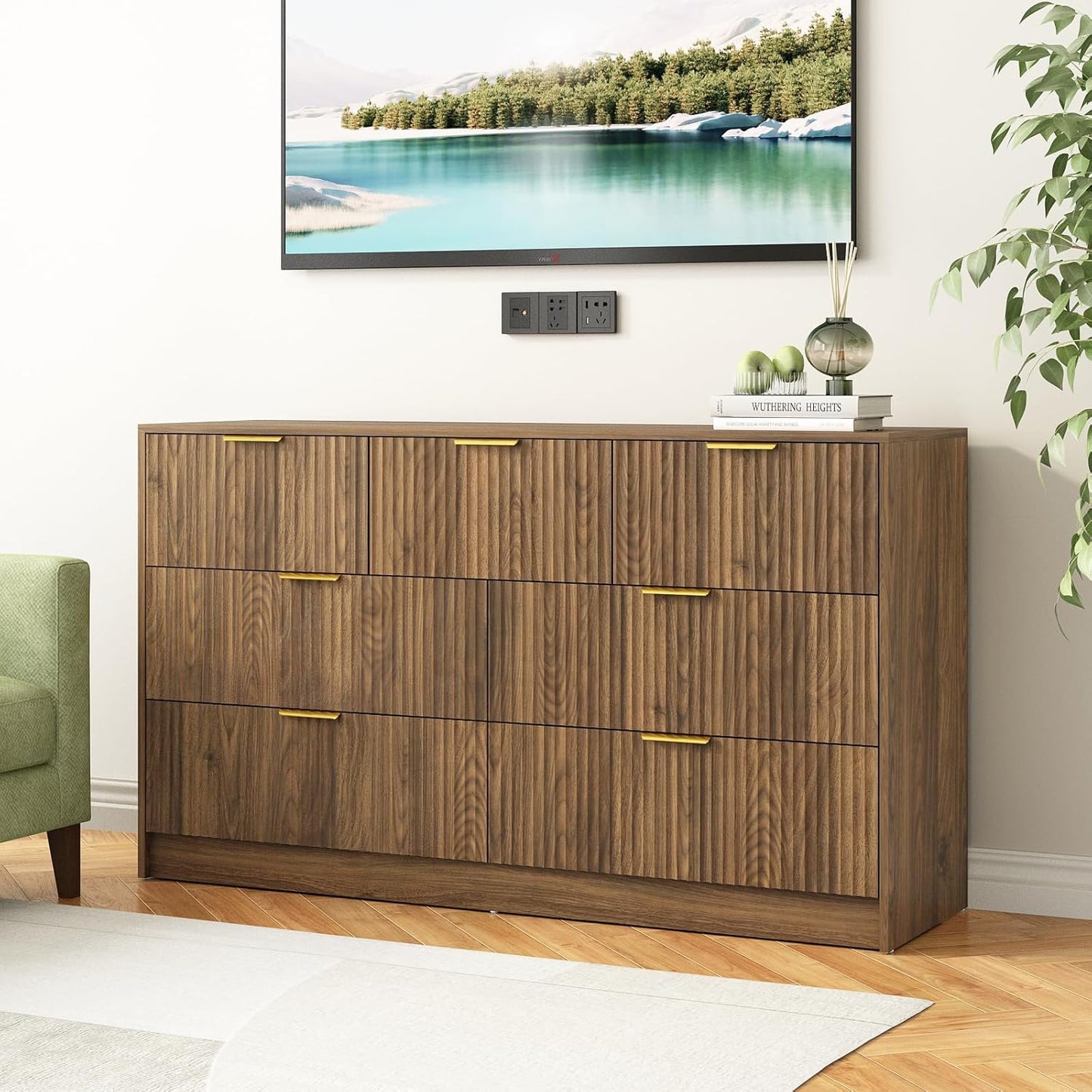 7 Drawer Dresser and Nightstand Sets for Bedroom, 3 Pcs Bedroom Set，Night Stand Set of 2 & 7 Drawer Dresser with Gold Handles, Wood Chest of Drawers Mid Century Storage Cabinet Set, Natural