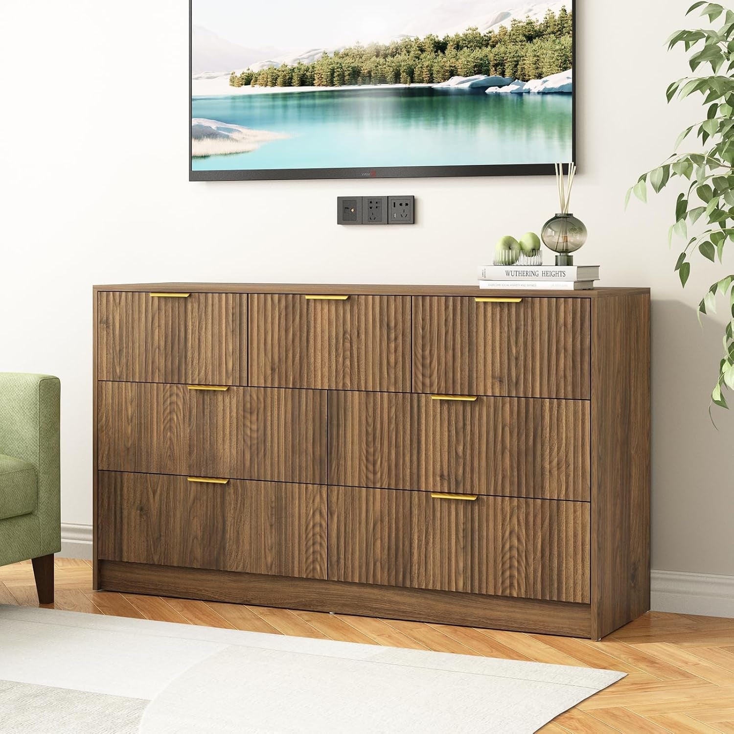 7 Drawer Dresser and Nightstand Sets for Bedroom, 3 Pcs Bedroom Set，Night Stand Set of 2 & 7 Drawer Dresser with Gold Handles, Wood Chest of Drawers Mid Century Storage Cabinet Set, Natural