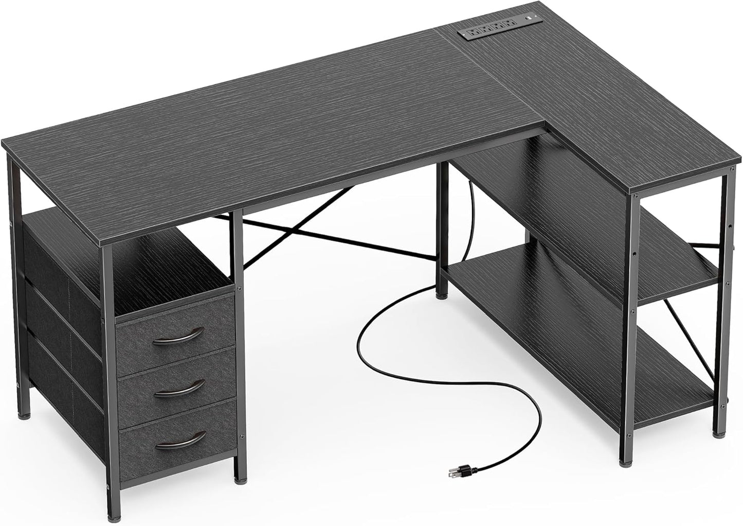 L Shaped Office Desk with Power Outlets, 47 Inch Computer Desk with 3 Drawers, Shelves, for Gaming, Corner Work, Home Office, Study, Black