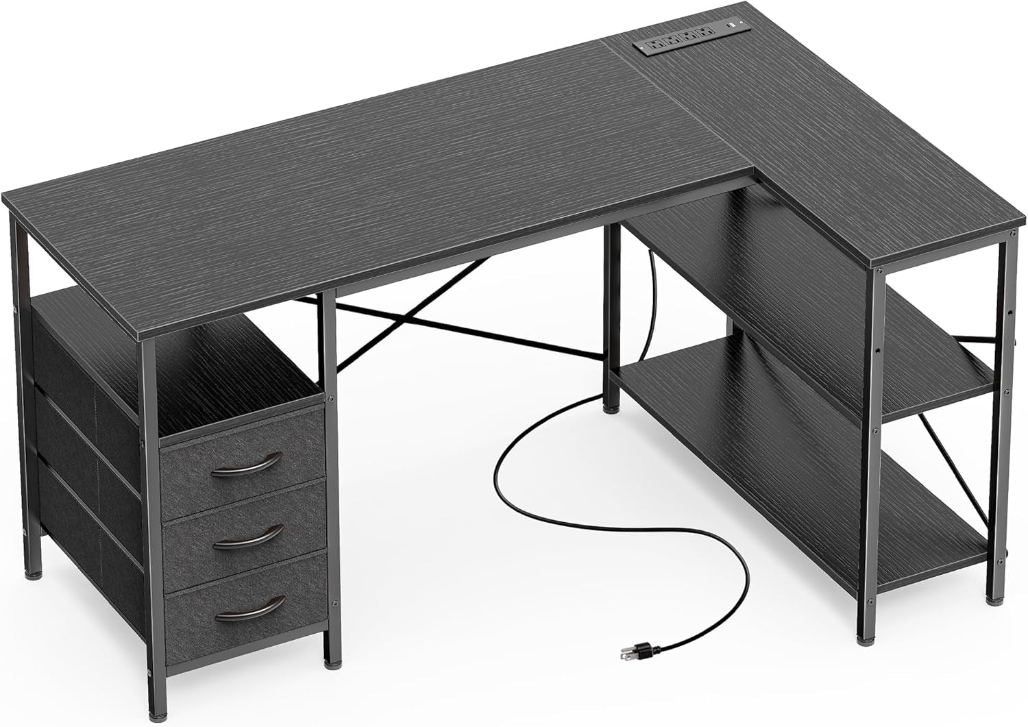 L Shaped Office Desk with Power Outlets, 47 Inch Computer Desk with 3 Drawers, Shelves, for Gaming, Corner Work, Home Office, Study, Black