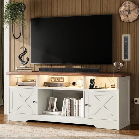 TV Stand for 65 Inch TV, Farmhouse Entertainment Center with Power Outlet & LED Light and Storage Cabinets, Console Table and Media Furniture for Living Room Bedroom, White