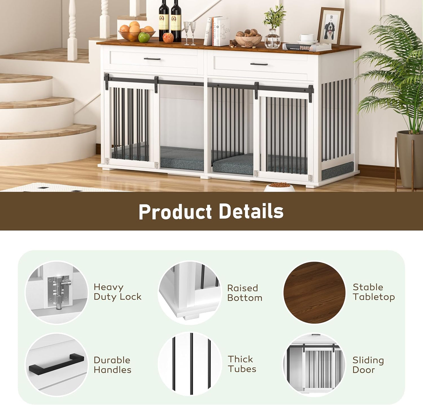 63" L X 24" W X 33" H Double Wooden Dog Cage Table with 2 Large Drawers & Safety Locks, Large Dog Crate Furniture for 2 Dogs with Removable Divider, Decorative Indoor Dog Kennel Furniture