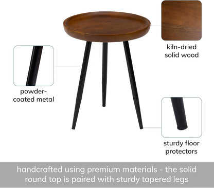 Lydia round Small End Table & Side Table Solid Wood, Walnut Top with Black Metal Legs, Nightstand, 15.75"X15.75"X18"