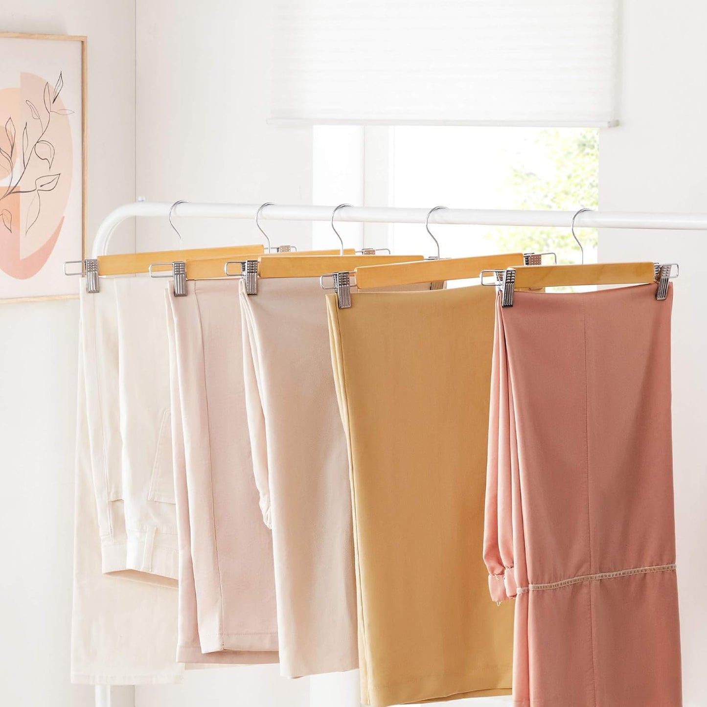 Wooden Pants Hangers 12 Pack, Pants Hangers with Clips, Adjustable Anti-Rust Metal Clips, 360° Swivel Hook, Skirt Hangers for Pant, Skirts, Natural Grain UCRW008-12