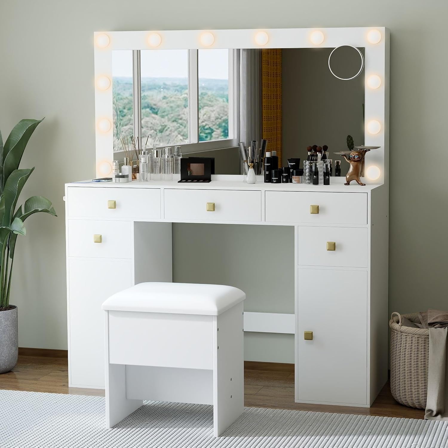Makeup Vanity Desk with Lights, 41”Large Mirror, 12 Adjustable 3 Color LED Bulbs, 5 Drawers, Charging Outlet, Hairdryer Holder, Suitable for Girls' Makeup Vanity,White