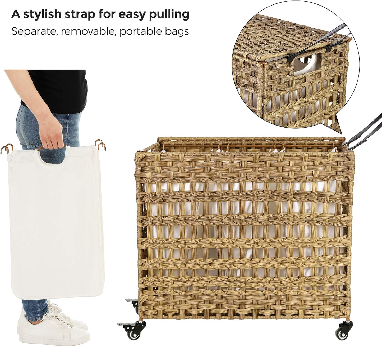 Laundry Hamper with Lid, 140L Synthetic Rattan Laundry Basket with Wheels, Clothes Hamper with 3 Removable Liner Bags, 3-Section Hampers with Handles, Laundry Room, Natural ULCB083N01