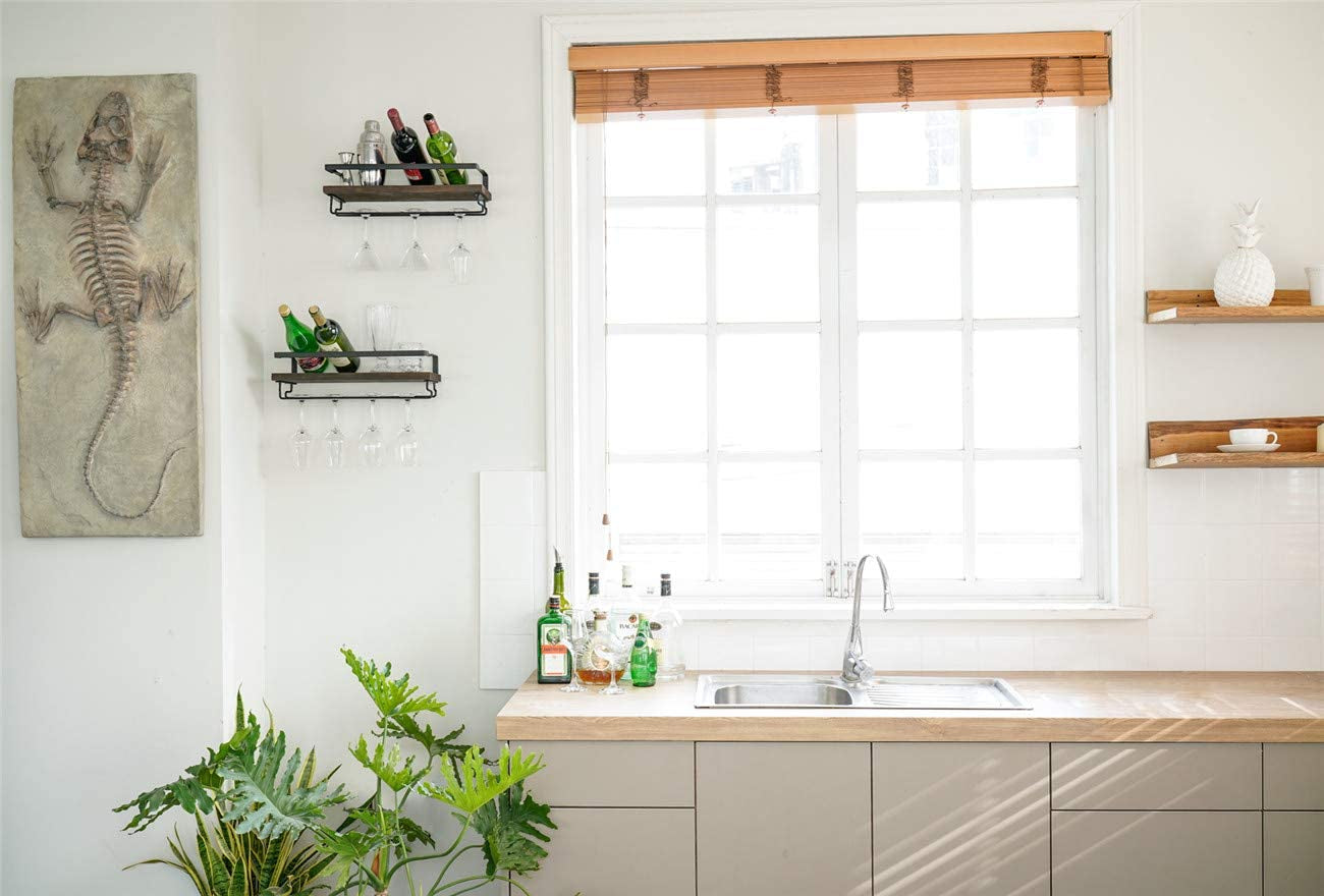 Wall Mounted Wine Rack Set of 2 Wood Rustic Wine Bottle Glass Floating Shelves with Stemware Hanger Modern Plants Photos Wine Display Storage Holder for Kitchen Dining Room Bar, 17 Inch
