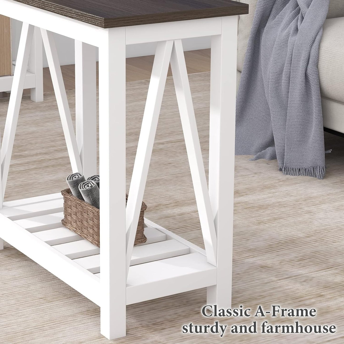 Farmhouse End Table, Narrow Side Table, Slim End Table with Storage Shelf for Small Spaces, Rustic Nightstand, for Living Room, Bedroom White