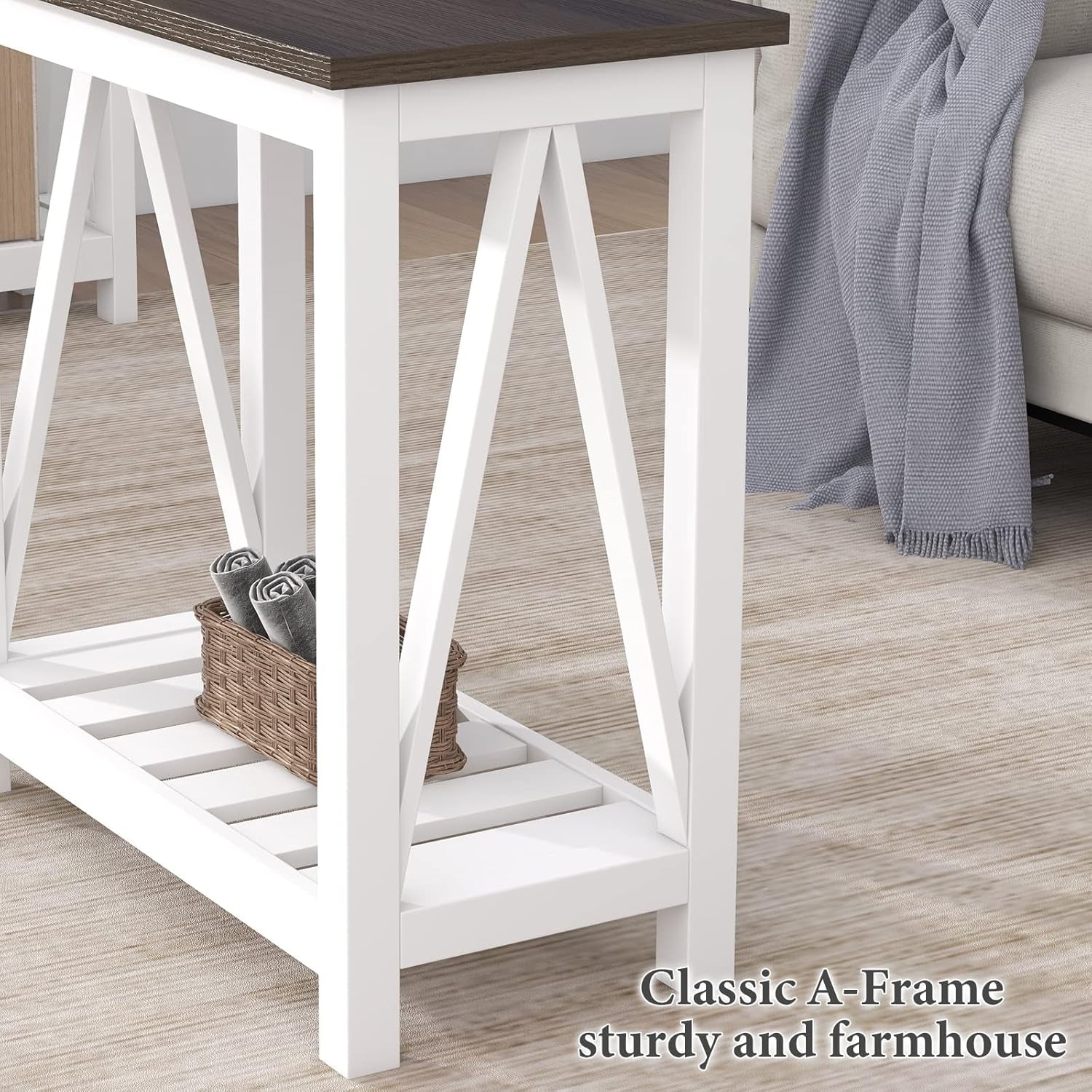 Farmhouse End Table, Narrow Side Table, Slim End Table with Storage Shelf for Small Spaces, Rustic Nightstand, for Living Room, Bedroom White