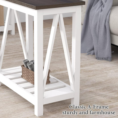 Farmhouse End Table, Narrow Side Table, Slim End Table with Storage Shelf for Small Spaces, Rustic Nightstand, for Living Room, Bedroom White