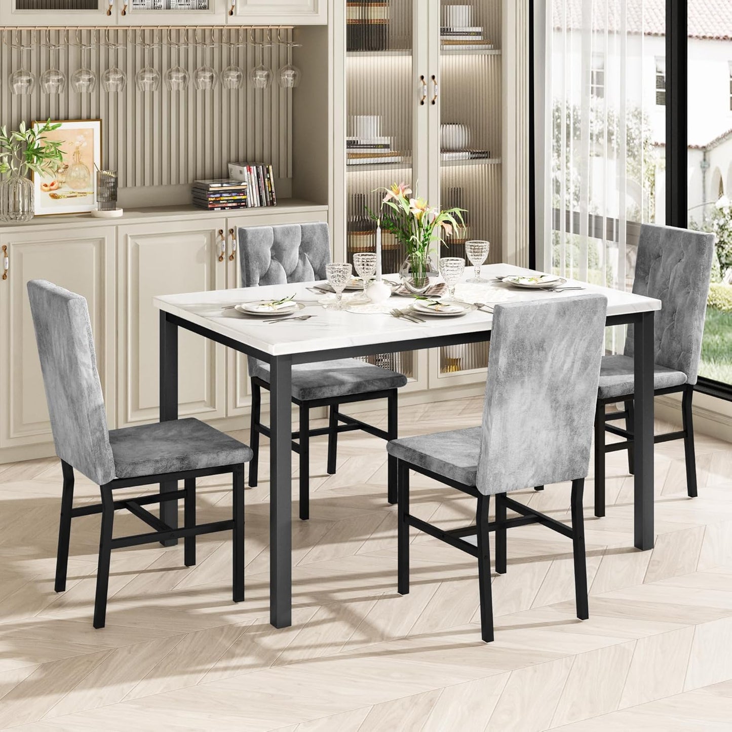 Dining Table Set for 4, Faux Marble Small Kitchen Table Chairs Set of 4 with Luxurious Button Tufted Dinner Chairs for Kitchen and Dining