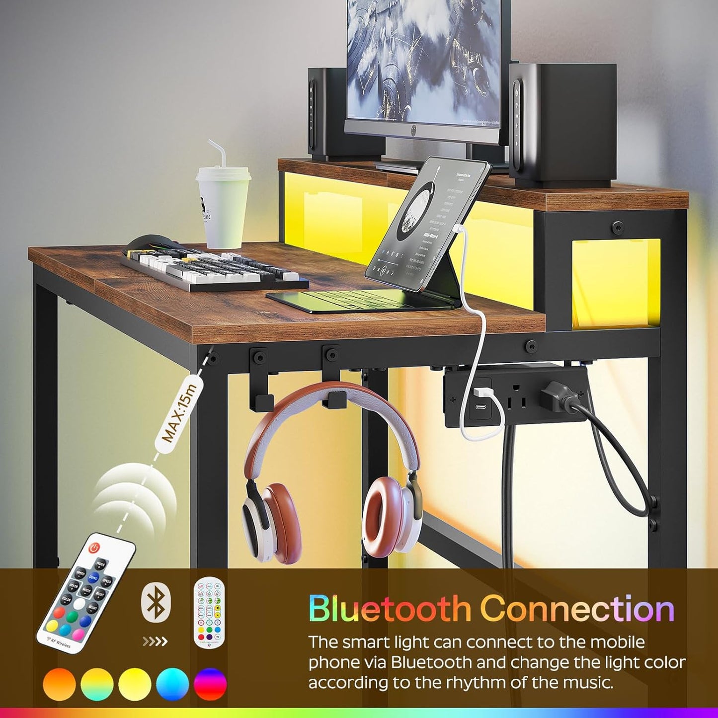 Small Computer Desk with Charging Station and LED Lights, Gaming Desk with Monitor Stand, 2-Tier Home Office Desk with 4 Side Hooks, for Living Room, Home Office, Rustic Brown DN01UDBRY2