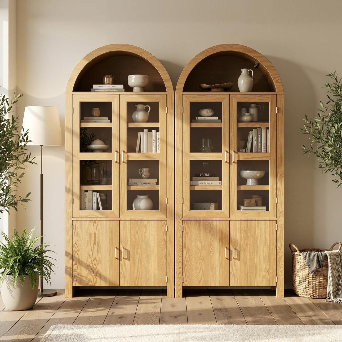 71" Tall Arched Kitchen Pantry, Modern Farmhouse Wood Kitchens Storage Cabinets, Versatile Cupboard for Dining Room, Kitchen, Wood