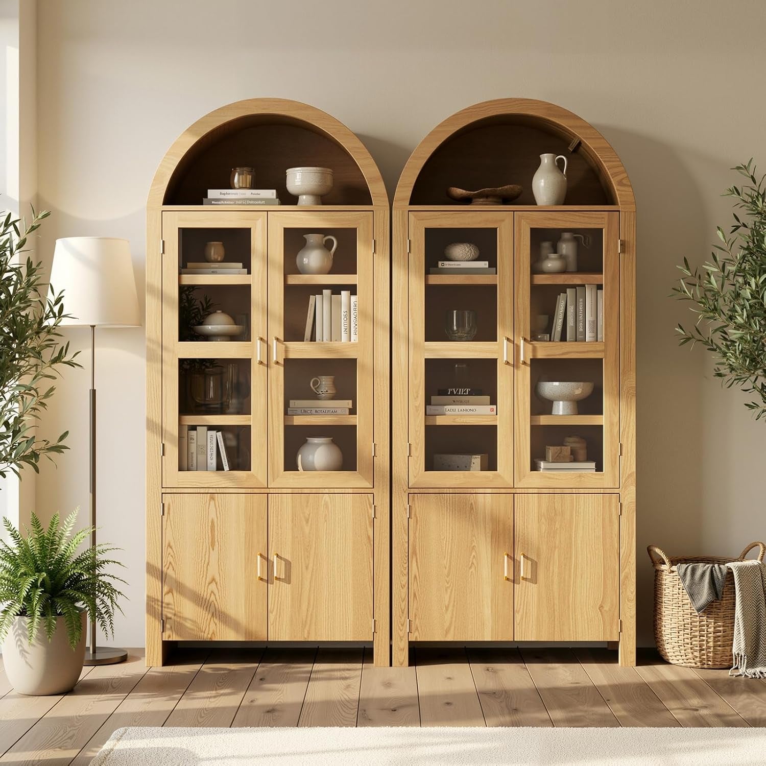71" Tall Arched Kitchen Pantry, Modern Farmhouse Wood Kitchens Storage Cabinets, Versatile Cupboard for Dining Room, Kitchen, Wood
