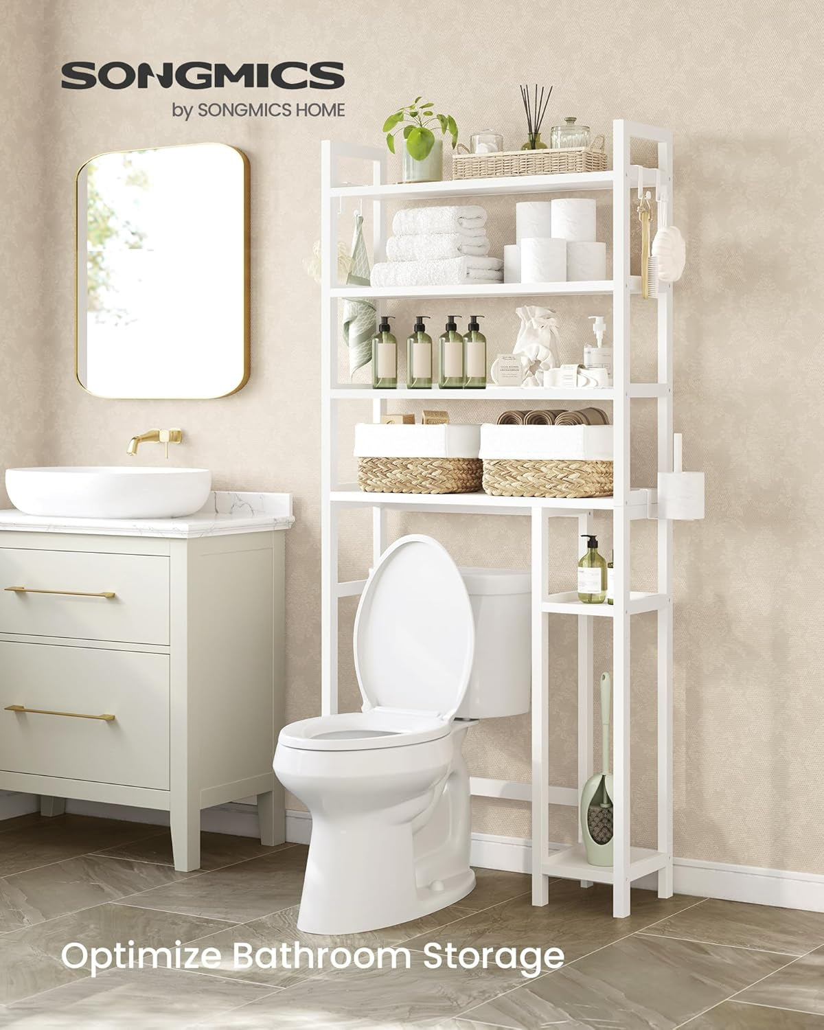 over the Toilet Storage, 4-Tier over Toilet Bathroom Organizer with Adjustable Shelves, 26 X 83 X 185 Cm, Space-Saving, Cloud White UBTS017W01