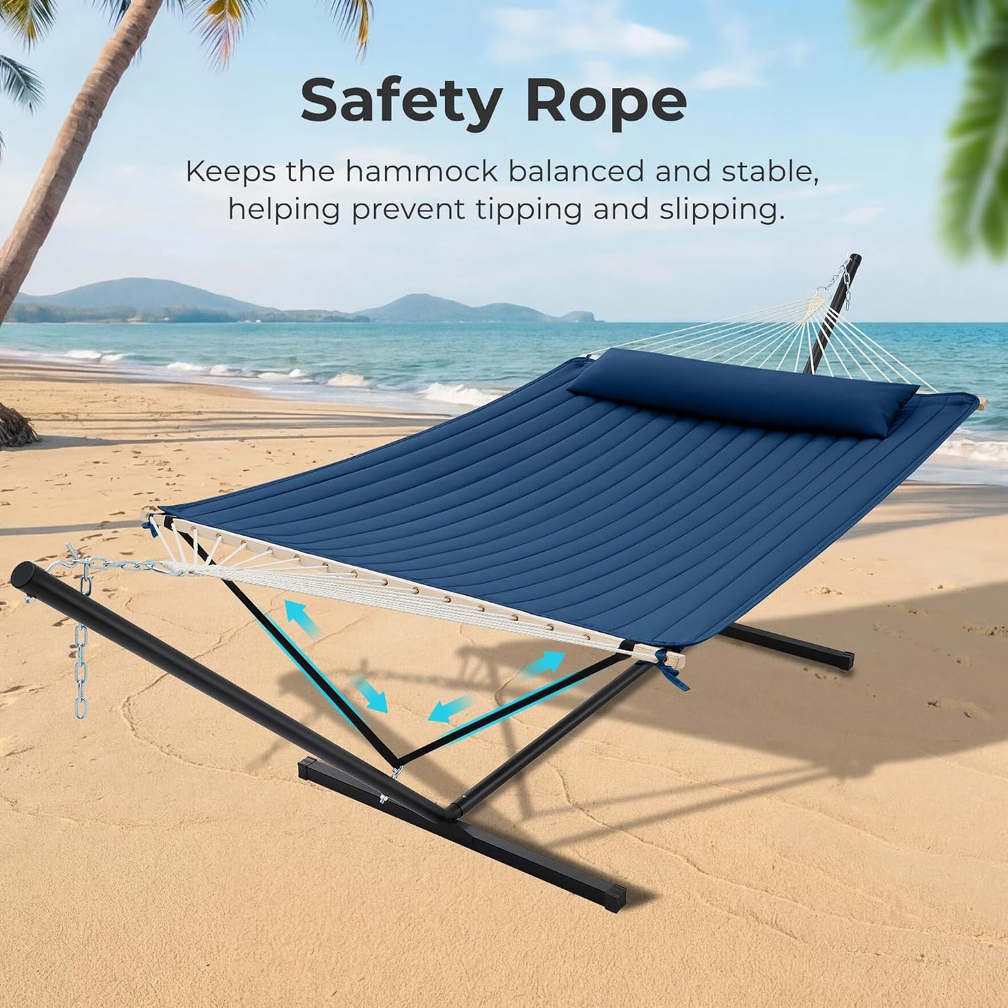 12Ft Double Hammock with Stand, Rope Hammock for 2 Person, Detachable Hammock Bed and Pillow, Portable, Anti-Tip Safety Ropes, Carry Bag, Outdoor Backyard Patio Camping, Navy Blue
