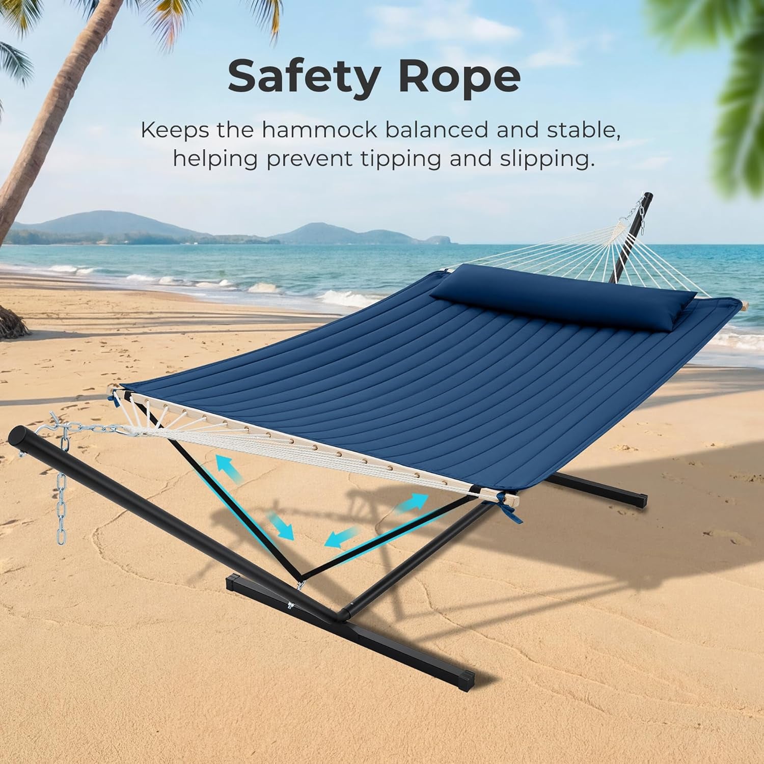 12Ft Double Hammock with Stand, Rope Hammock for 2 Person, Detachable Hammock Bed and Pillow, Portable, Anti-Tip Safety Ropes, Carry Bag, Outdoor Backyard Patio Camping, Navy Blue