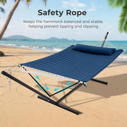 12Ft Double Hammock with Stand, Rope Hammock for 2 Person, Detachable Hammock Bed and Pillow, Portable, Anti-Tip Safety Ropes, Carry Bag, Outdoor Backyard Patio Camping, Navy Blue