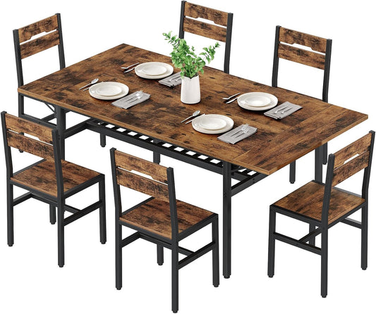 7-Piece Dining Table Set for 4-6, 63" Extendable Kitchen Table and 6 Chairs, Rectangle Dining Room Table Set for 6 with Wine Rack for Small Saving Space, Rustic Brown and Black