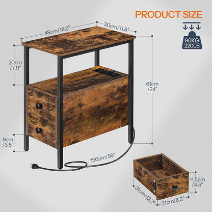 End Table with Charging Station, Narrow Side Table with 2 Drawer & USB Ports & Power Outlets, Nightstand for Small Spaces, for Living Room, Bedroom, Rustic Brown and Black BF541BZ01