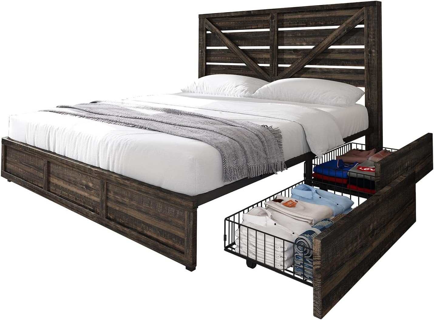 Farmhouse Bed Frame with 4 Drawers, Wooden Storage Bed Frame with Headboard and Heavy Duty Metal Slats, Noisy Free, Easy Assemble (Rustic Black, Queen)