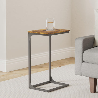 C-Shaped End Table, Side Table for Sofa, Couch Table with Metal Frame, Small TV Tray Table for Living Room, Bedroom, Rustic Brown and Black