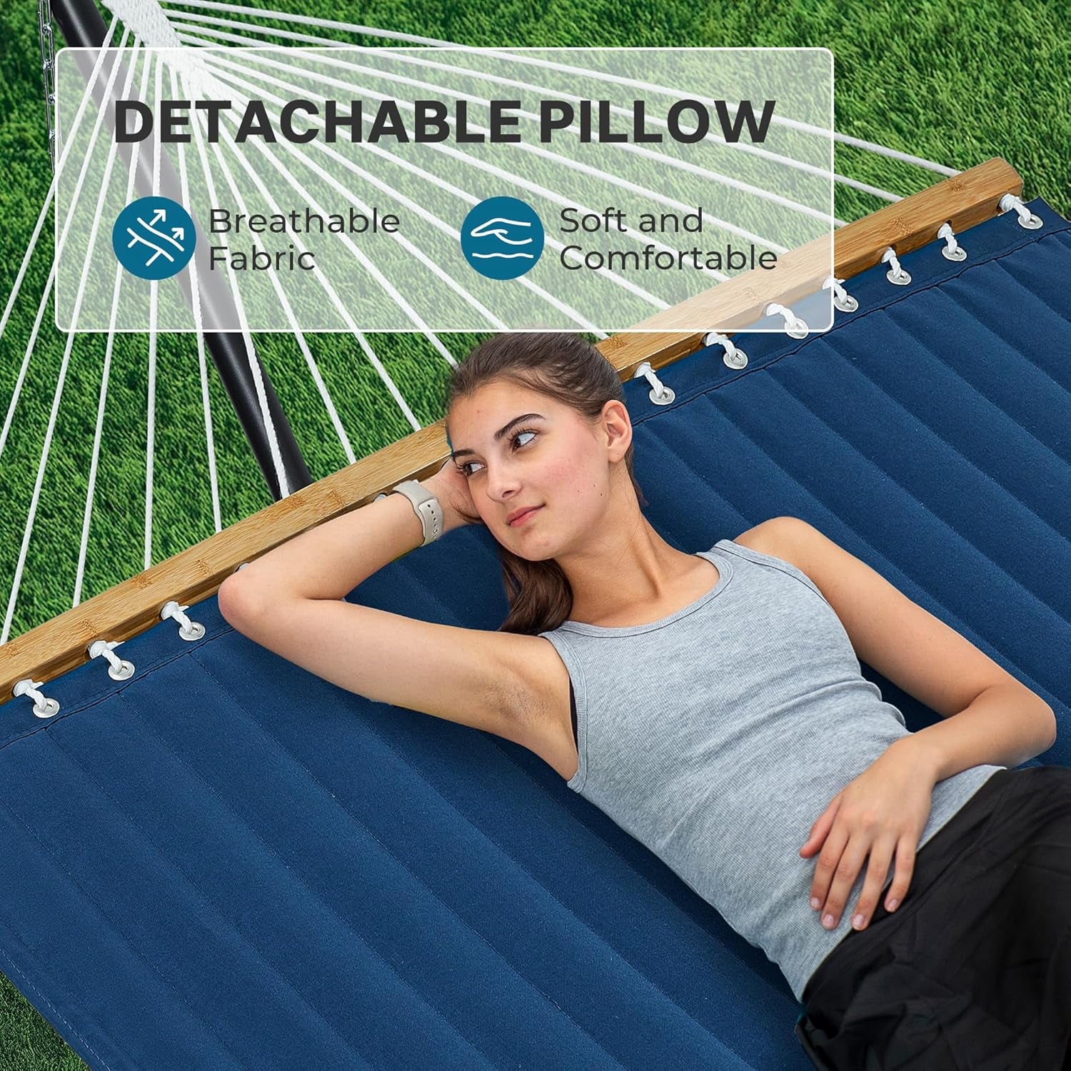 Hammock with Stand, 2 Person Quilted Outdoor Hammock, Detachable Pillow & Bamboo Spreaders, Portable Hammock with Carrying Bag, Heavy Duty Stand, Perfect for Outside, Patio, Navy Blue