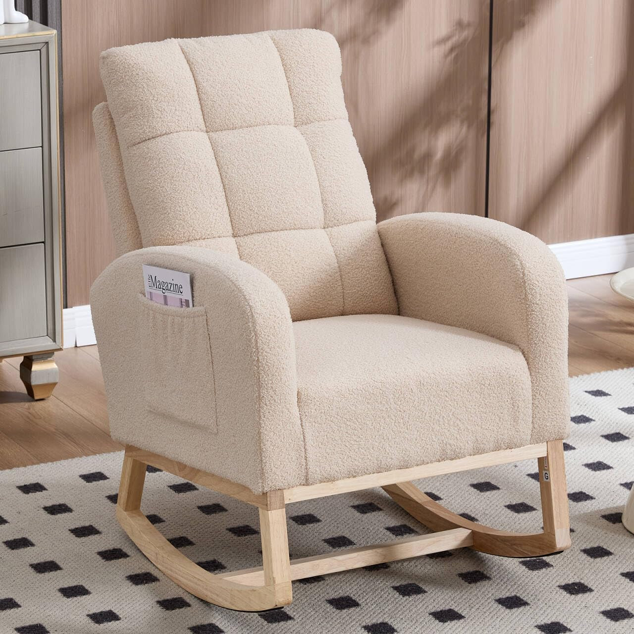 Nursery Rocking Chair, Teddy Upholstered Glider Chair with Side Pocket, Glider Rocker Chair with Tufted Back, Comfy Accent Nursing Chair for Living Room (Beige Retro)