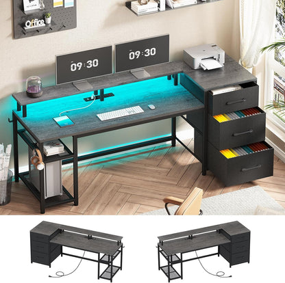 59" Office Desk with File Drawers, Reversible Computer Gaming Desk with Storage, LED Lights & Power Outlet, Home Office Desks for Printer, Grey