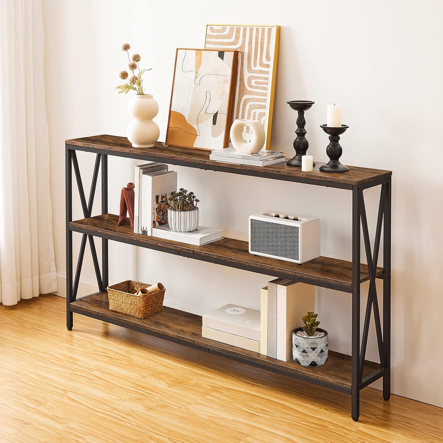 55" Sofa Table, Industrial Console Table, 3-Tier Narrow Side Table with Open Shelves, Foyer Table for Entryway, Hallway, Kitchen, Living Room and Bedroom, Rustic Brown CTHR80401