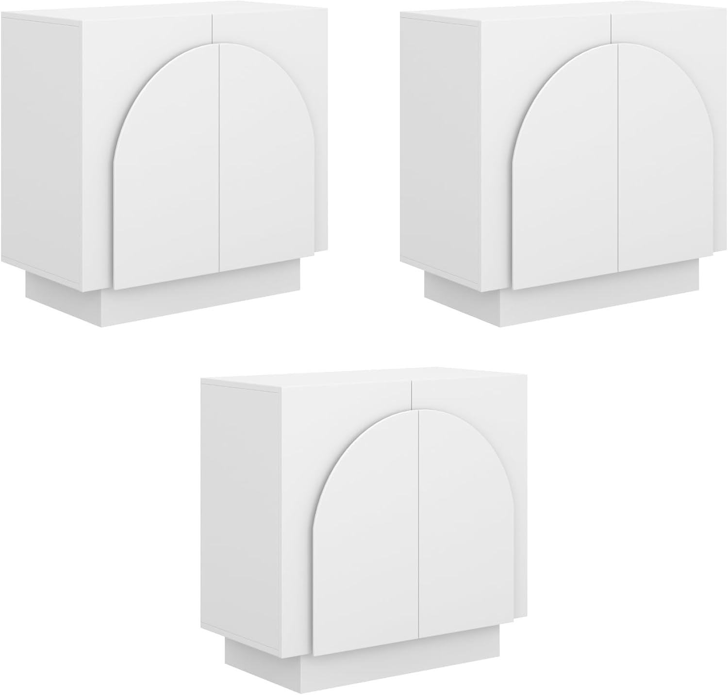 Iris Mid-Century Modern Credenza, White TV Stand, Living Room Wood Storage Cabinet with Arched Cabinet Doors, Set of 3