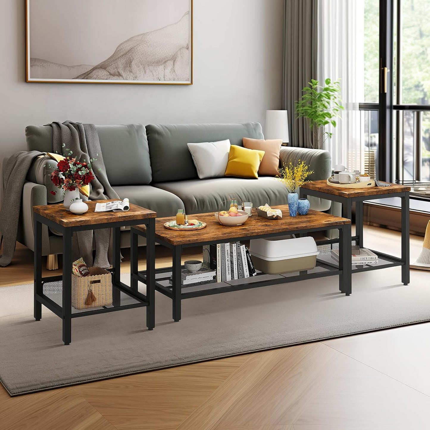 Coffee Table Set of 3, Vintage Wood Coffee Table & 2 End Tables, Square Tabletop Modern Industrial Living Room 3-Piece Set for Apartment Home Office, Rustic Brown
