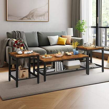 Coffee Table Set of 3, Vintage Wood Coffee Table & 2 End Tables, Square Tabletop Modern Industrial Living Room 3-Piece Set for Apartment Home Office, Rustic Brown