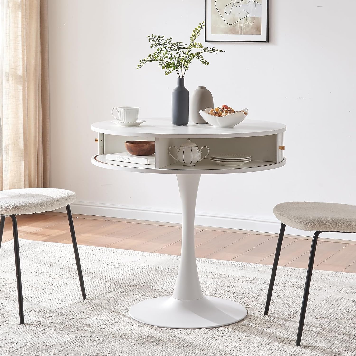 31.5"W round Fluted Pedestal Table for 2 3 4, White Circle Kitchen Dinner Table with Hidden Storage, 31''H Small Tulip Breakfast Desk with Sliding Door, Metal Base for Kitchen, Cafe, Patio, Courtyard