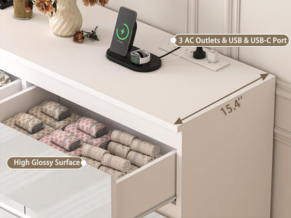 70 INCH 9 Drawers Dresser with Power Outlet, Wide High Gloss Chest of Drawers Large, Modern Storage Drawer Dresser for Bedroom, White